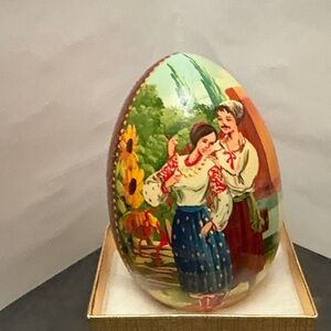 Vibrant Ukraine Wood Hand-Painted Easter Egg with Folk Scene